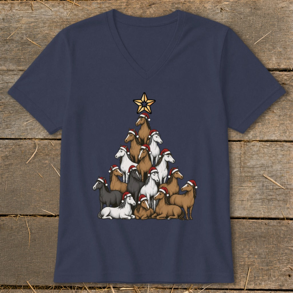 Navy v-neck t-shirt with a Christmas tree made of horses wearing Santa hats.