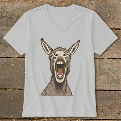 Close-up of a gray v-neck t-shirt featuring a drawing of a donkey with its mouth wide open.