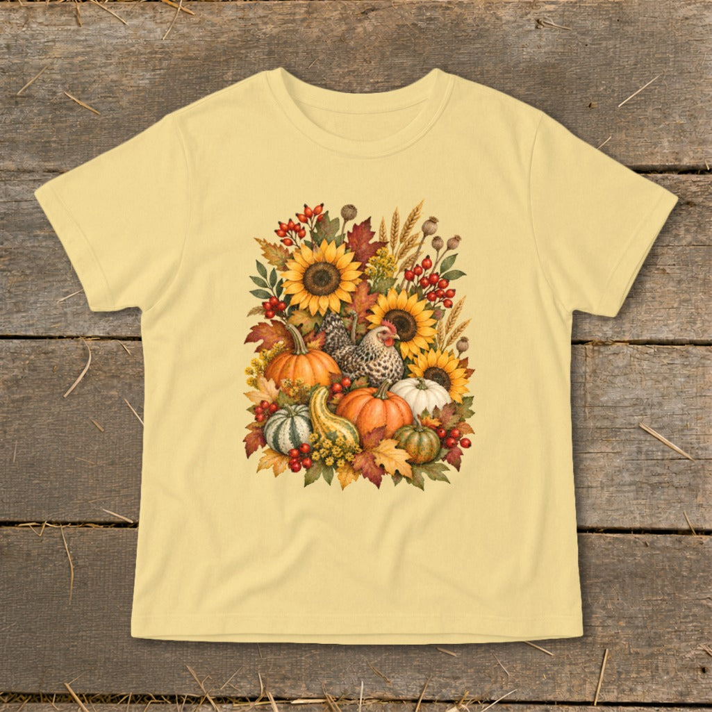 Yellow t-shirt with a fall harvest graphic of pumpkins, sunflowers, and chickens.