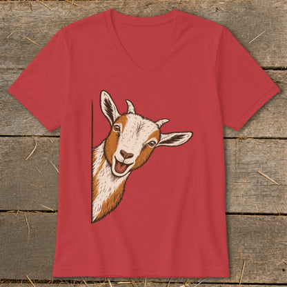 Red t-shirt with illustration of a curious goat peeking from the side.