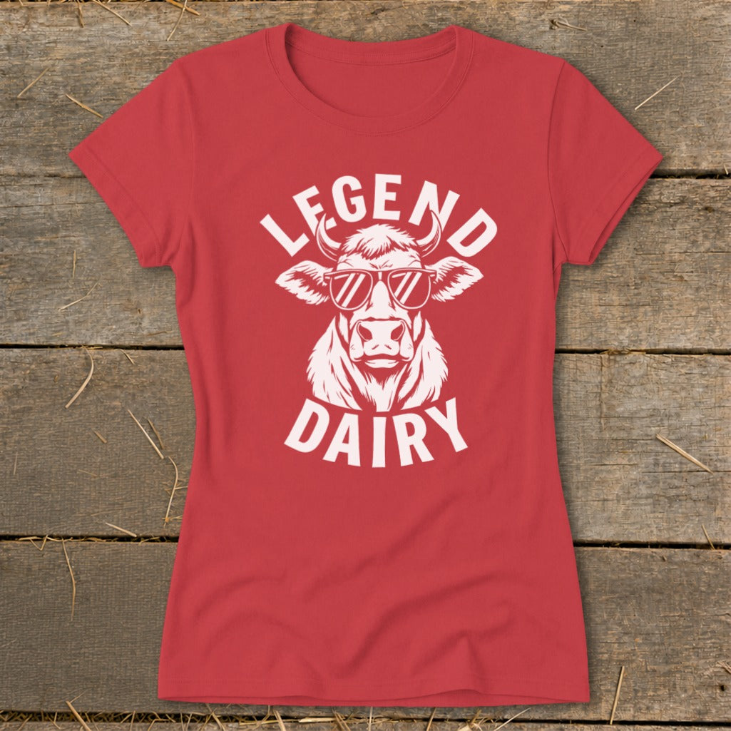 Red t-shirt with white graphic of cow wearing sunglasses and text "LEGEND DAIRY".
