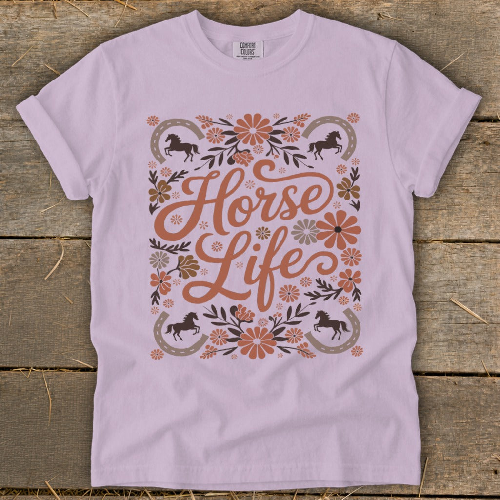 Light purple t-shirt with "Horse Life" text, horses, horseshoes, and flowers.