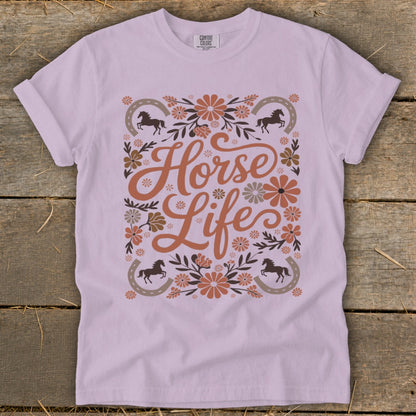Light purple t-shirt with "Horse Life" text, horses, horseshoes, and flowers.