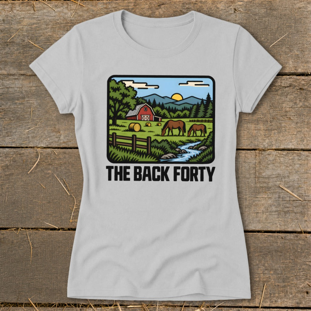 Light gray crewneck t-shirt featuring a pastoral farm graphic with horses and the text THE BACK FORTY.