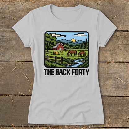 Light gray crewneck t-shirt featuring a pastoral farm graphic with horses and the text THE BACK FORTY.