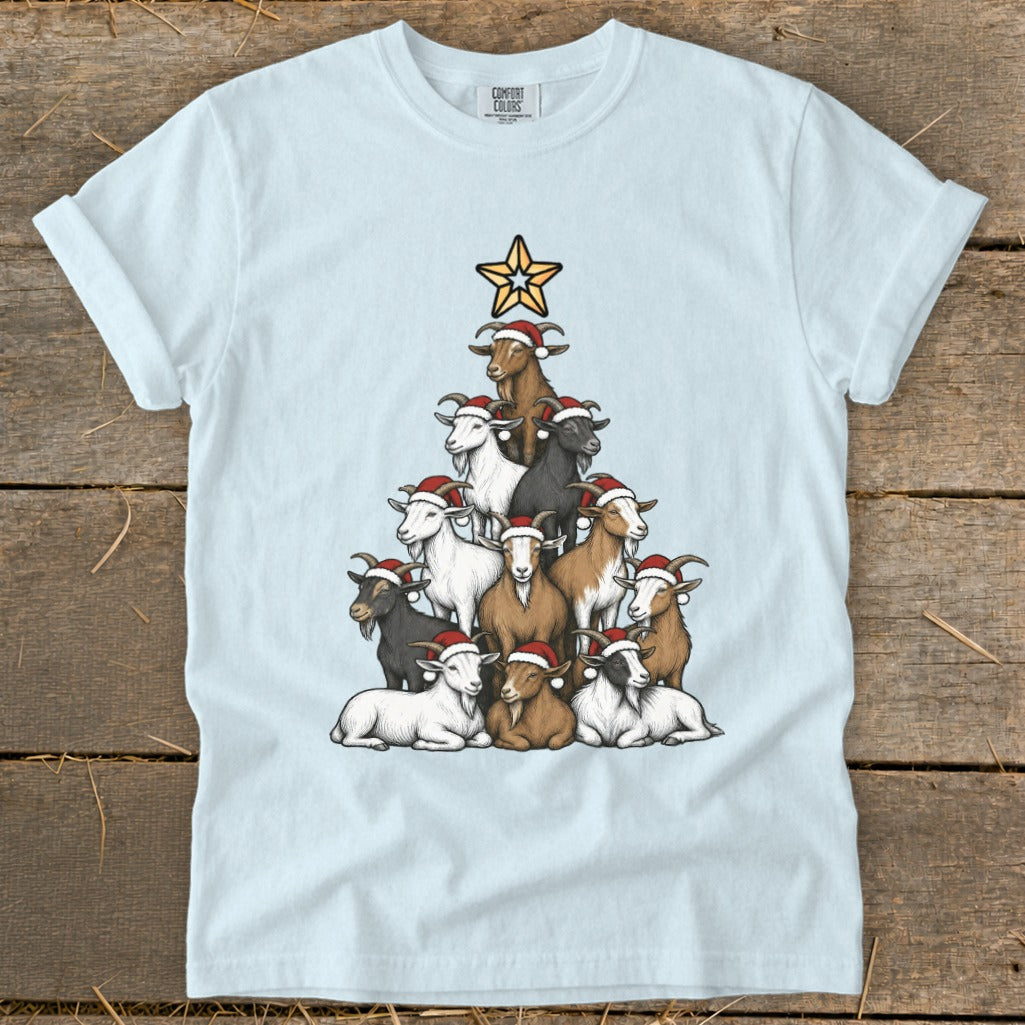 Light blue t-shirt with a Christmas tree made of goats wearing Santa hats.