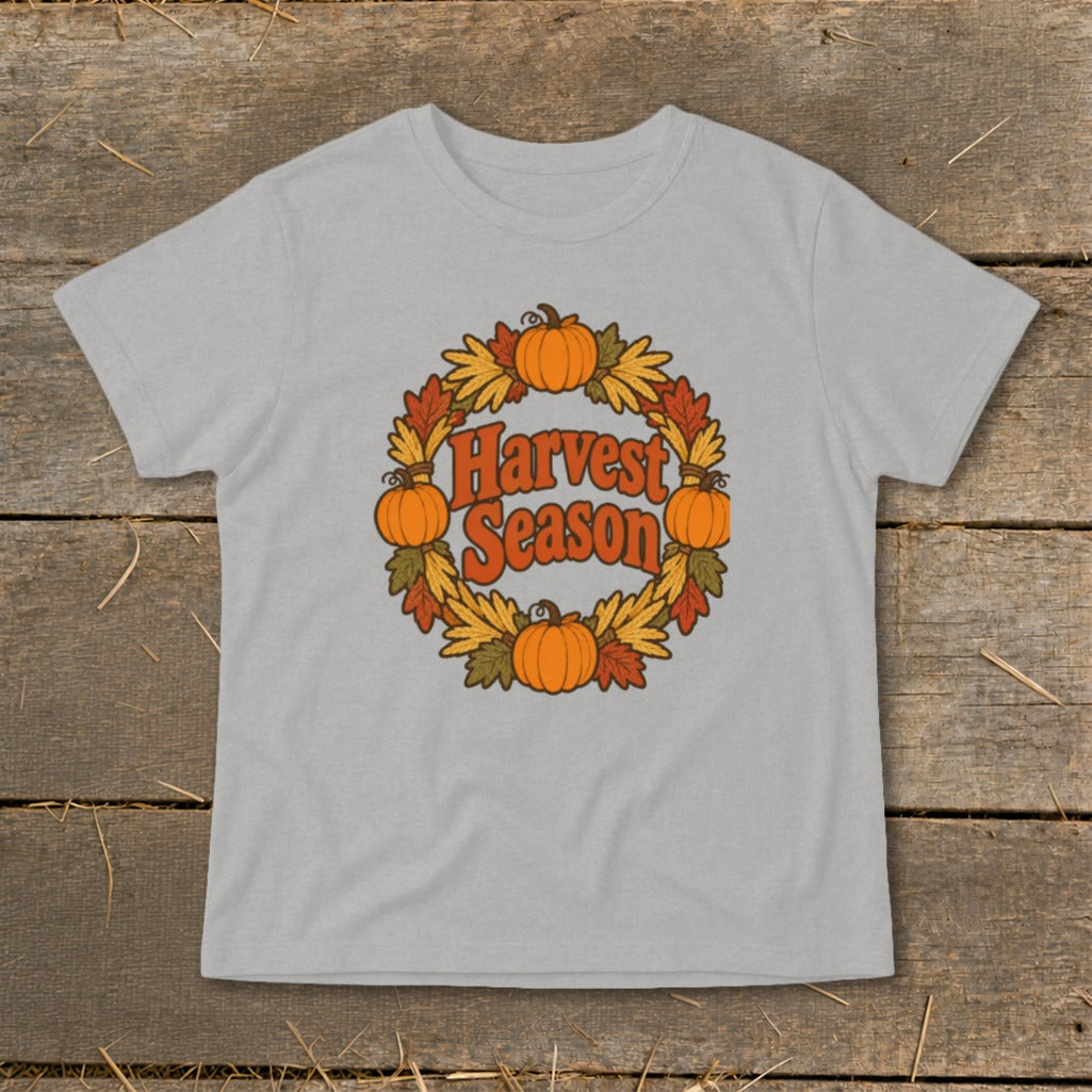 Light gray t-shirt with a "Harvest Season" graphic featuring pumpkins and autumn leaves.