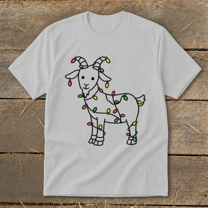 Light gray t-shirt with a black line drawing of a goat wrapped in colorful Christmas lights.