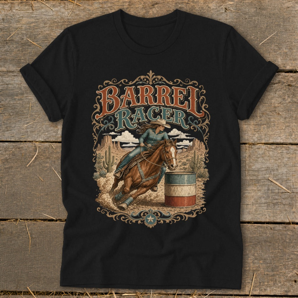Barrel racer on a horse rounding a barrel in a desert landscape.