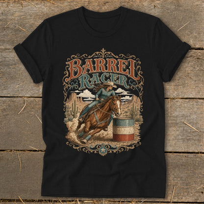 Barrel racer on a horse rounding a barrel in a desert landscape.