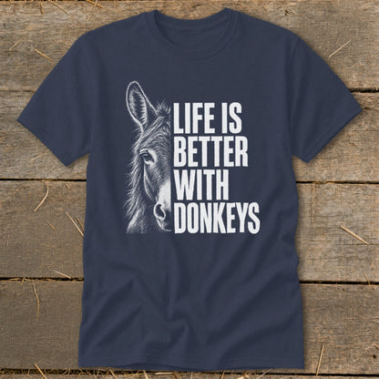 Navy t-shirt with a donkey illustration and the text "Life is Better With Donkeys".