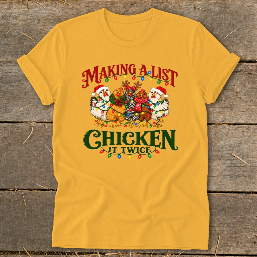 Funny Christmas chickens in Santa hats and scarves with lights, "Making a list Chicken it twice" text.
