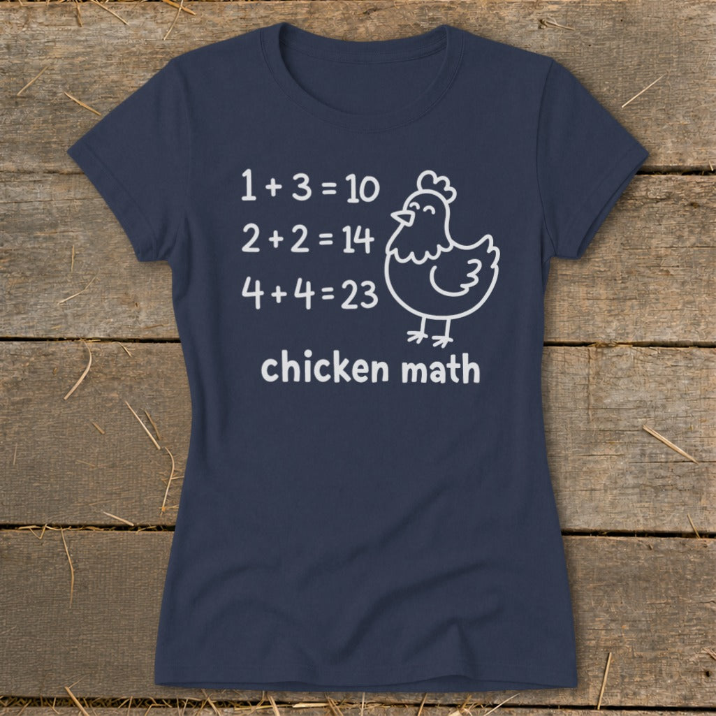 Navy t-shirt with white "chicken math" equations and a cartoon chicken.