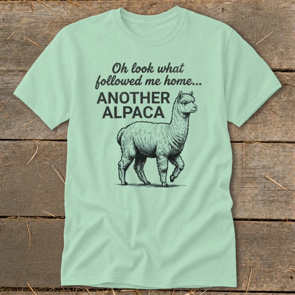 Light green t-shirt with black text and an alpaca illustration: "Oh look what followed me home... ANOTHER ALPACA"
