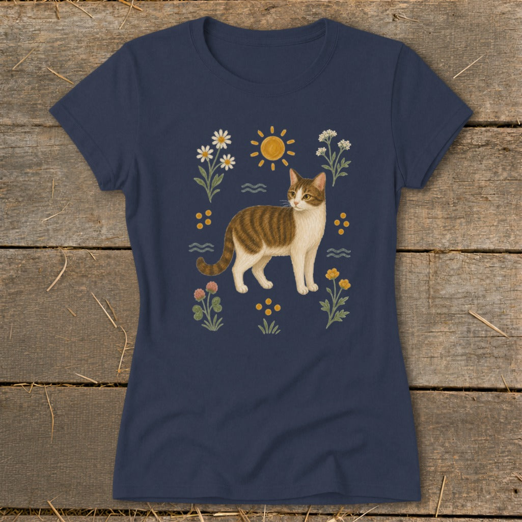 Navy t-shirt with a brown and white tabby cat surrounded by flowers and a sun.