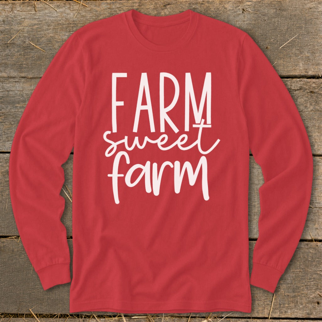 Red long-sleeve shirt with white text "FARM sweet farm".