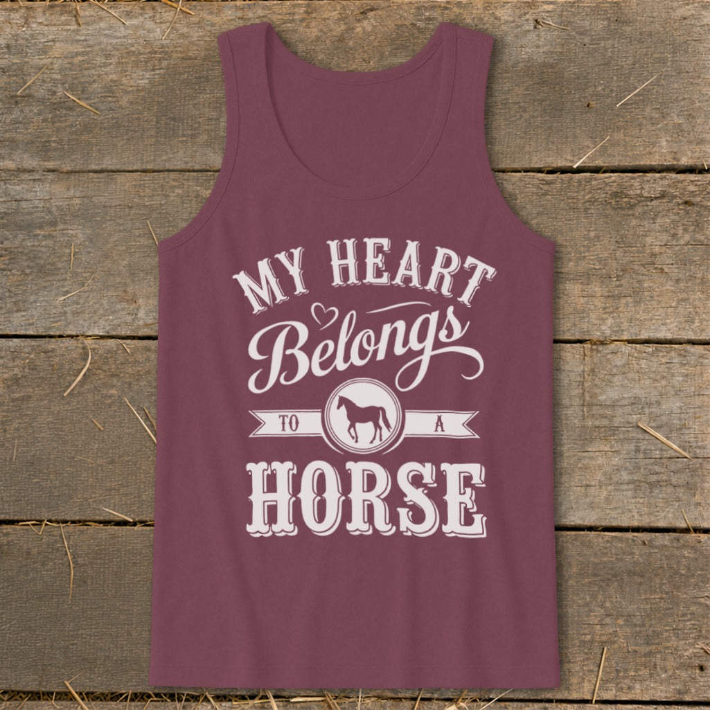 Maroon tank top with white text and horse graphic that reads "MY HEART Belongs TO A HORSE".