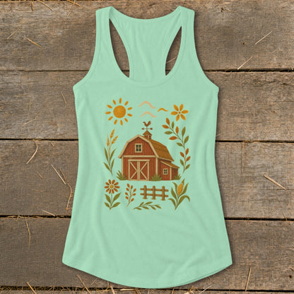 Mint green tank top with a rustic barn, sun, and farm-themed graphics.