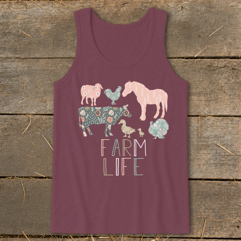Burgundy tank top with "FARM LIFE" text and floral farm animal illustrations.