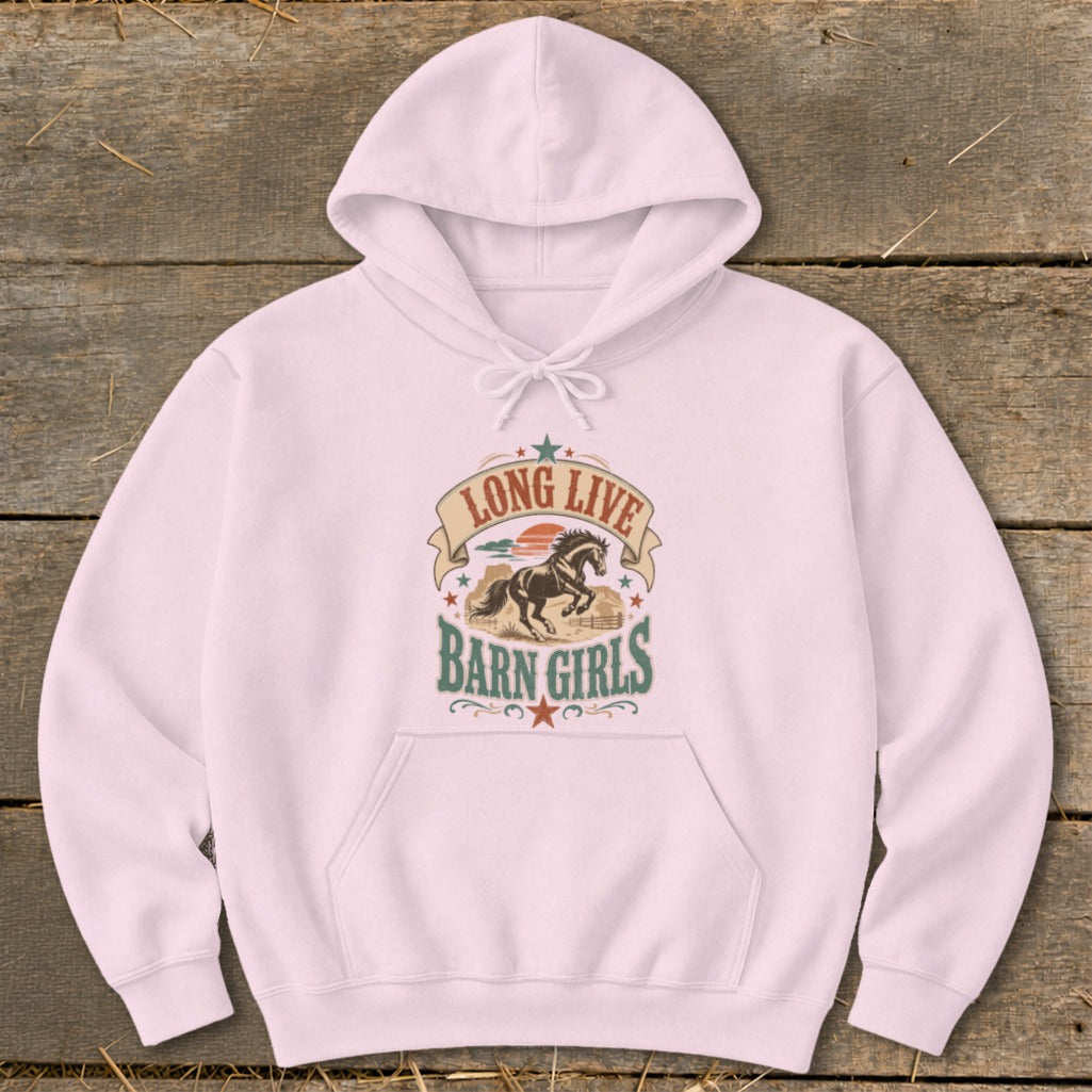 Light pink hoodie with "Long Live Barn Girls" graphic featuring a horse and sunset.