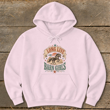 Light pink hoodie with "Long Live Barn Girls" graphic featuring a horse and sunset.