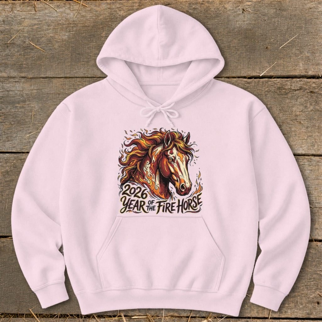 Pink hoodie with "2026 Year of the Fire Horse" graphic featuring a horse head with flames.