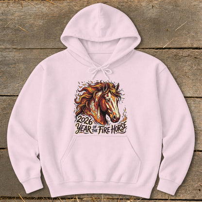 Pink hoodie with "2026 Year of the Fire Horse" graphic featuring a horse head with flames.