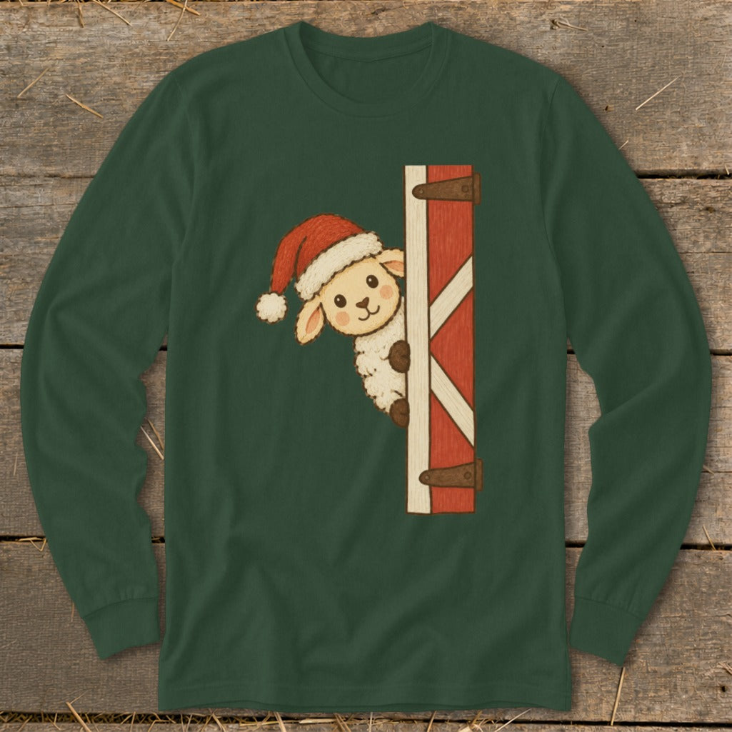 Cute cartoon sheep wearing a Santa hat peeking from behind a barn door.