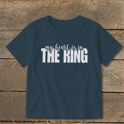 Navy t-shirt with white text that says "my heart is in THE RING".