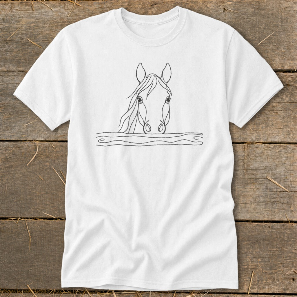 White t-shirt with a black line drawing of a horse's head peeking over a fence.
