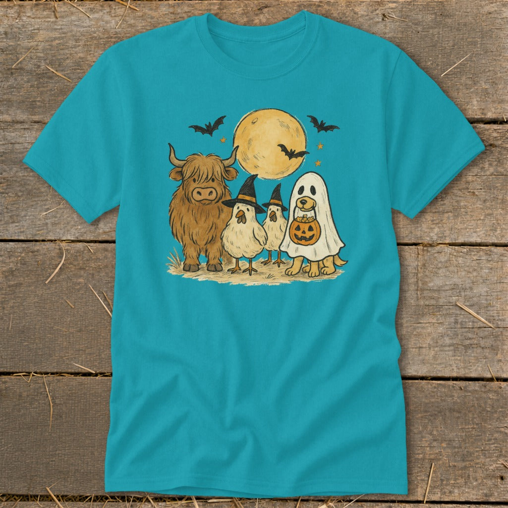 A Highland cow, chickens, and dog in a ghost costume celebrate Halloween under a full moon.