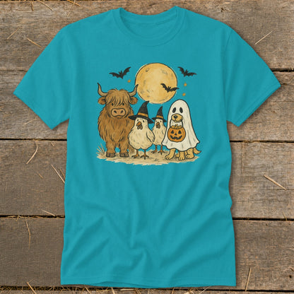 A Highland cow, chickens, and dog in a ghost costume celebrate Halloween under a full moon.