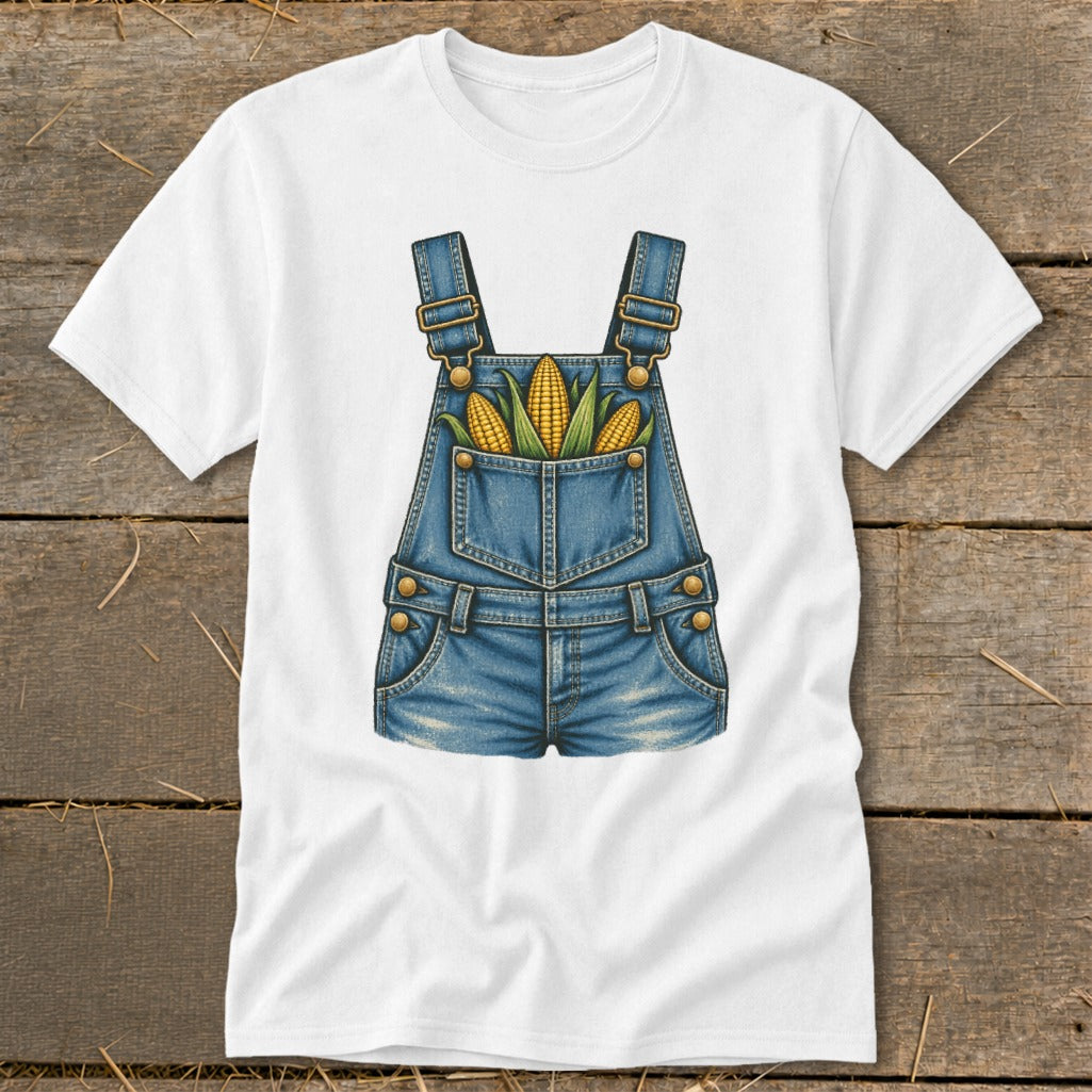 White t-shirt featuring a graphic of denim overalls with corn in the pocket.