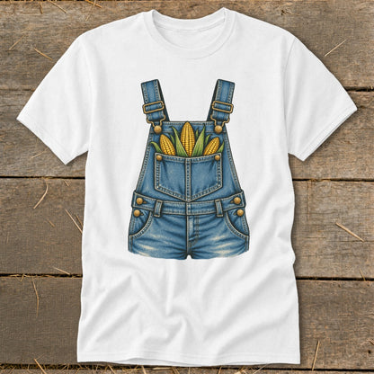 White t-shirt featuring a graphic of denim overalls with corn in the pocket.