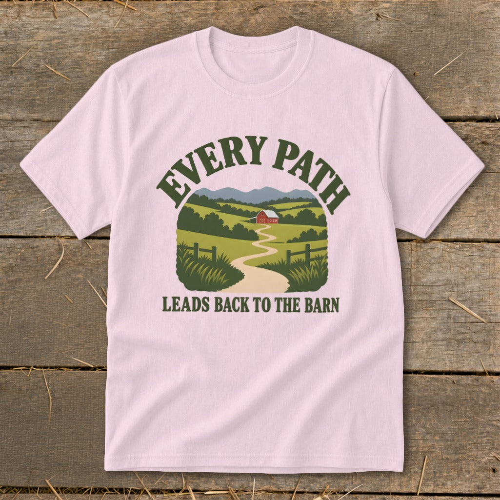 Pink t-shirt with "EVERY PATH LEADS BACK TO THE BARN" text and farm scene.