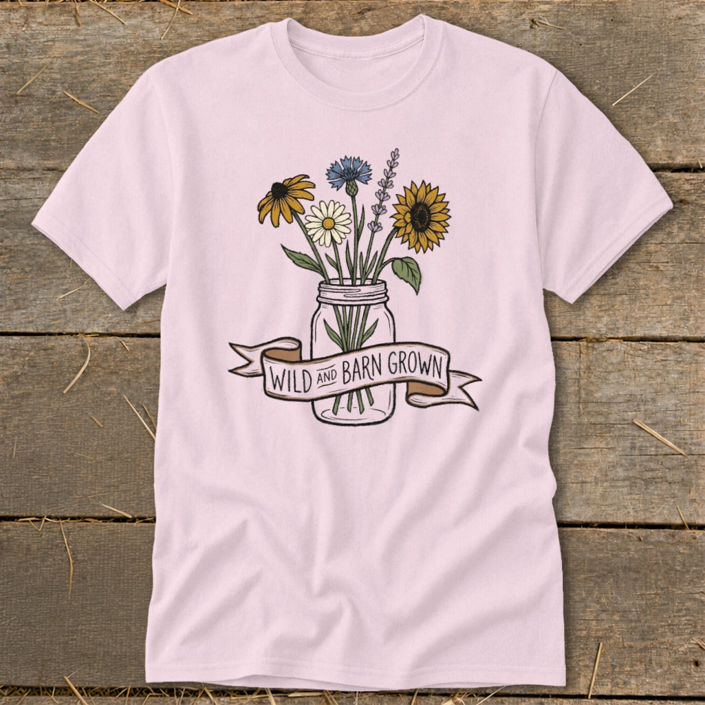 Pink t-shirt with mason jar bouquet and "Wild and Barn Grown" banner.