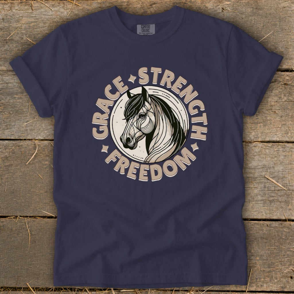 Navy t-shirt with a circular graphic of a horse head and the words "Grace, Strength, Freedom".