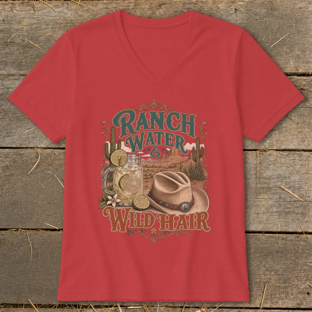 Red t-shirt with "Ranch Water & Wild Hair" graphic and western imagery.