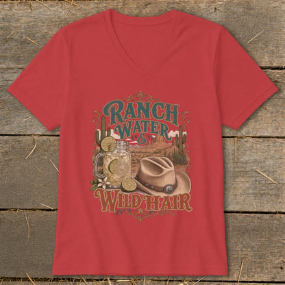 Red t-shirt with "Ranch Water & Wild Hair" graphic and western imagery.