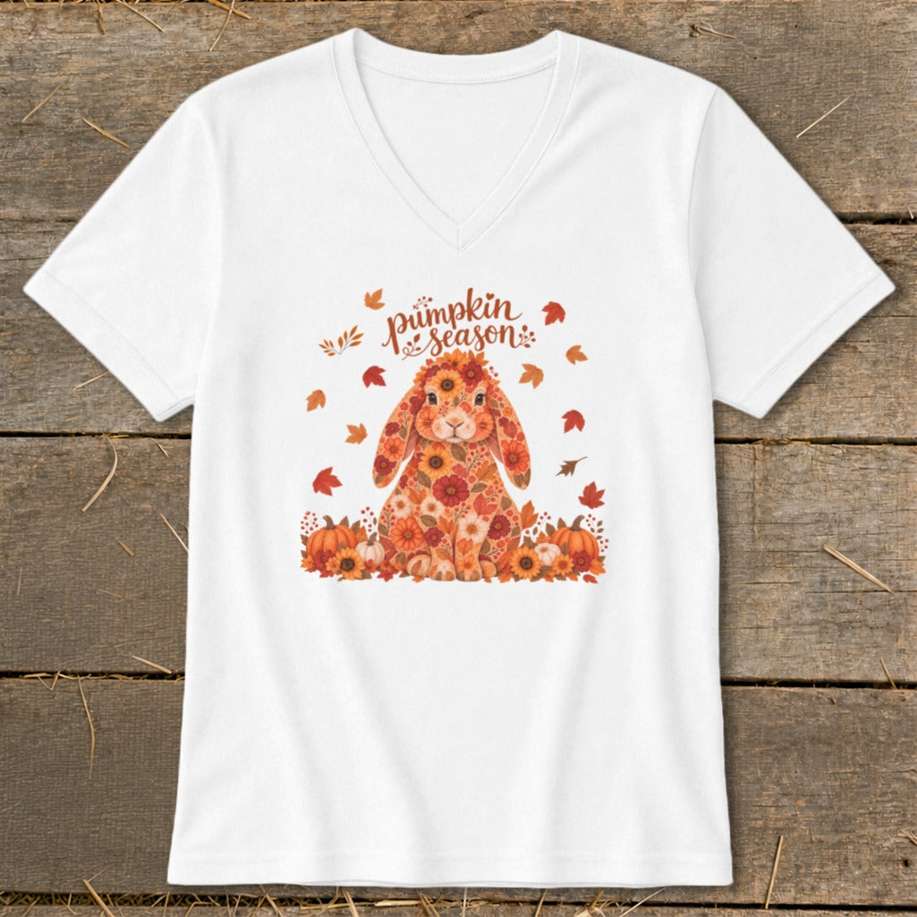 White v-neck t-shirt with floral bunny and "pumpkin season" text.
