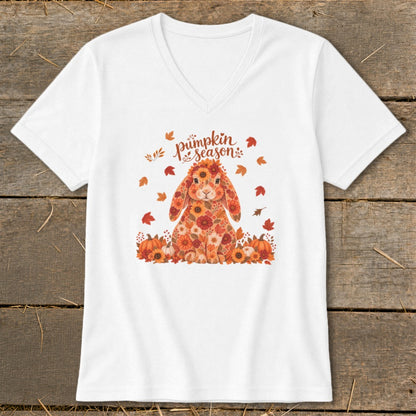 White v-neck t-shirt with floral bunny and "pumpkin season" text.