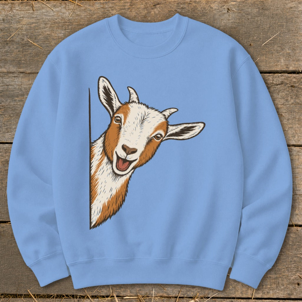 Light blue crewneck sweatshirt with a peeking goat illustration.