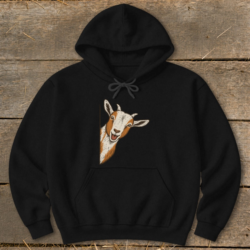 Black hoodie with a graphic of a peeking goat with brown and white markings.