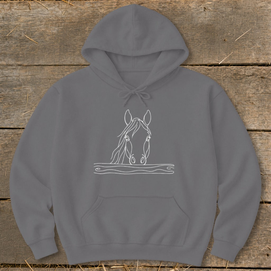 Gray hoodie with a white line drawing of a horse's head above wavy lines.