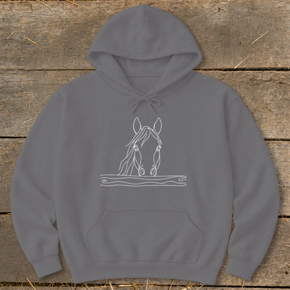 Gray hoodie with a white line drawing of a horse's head above wavy lines.