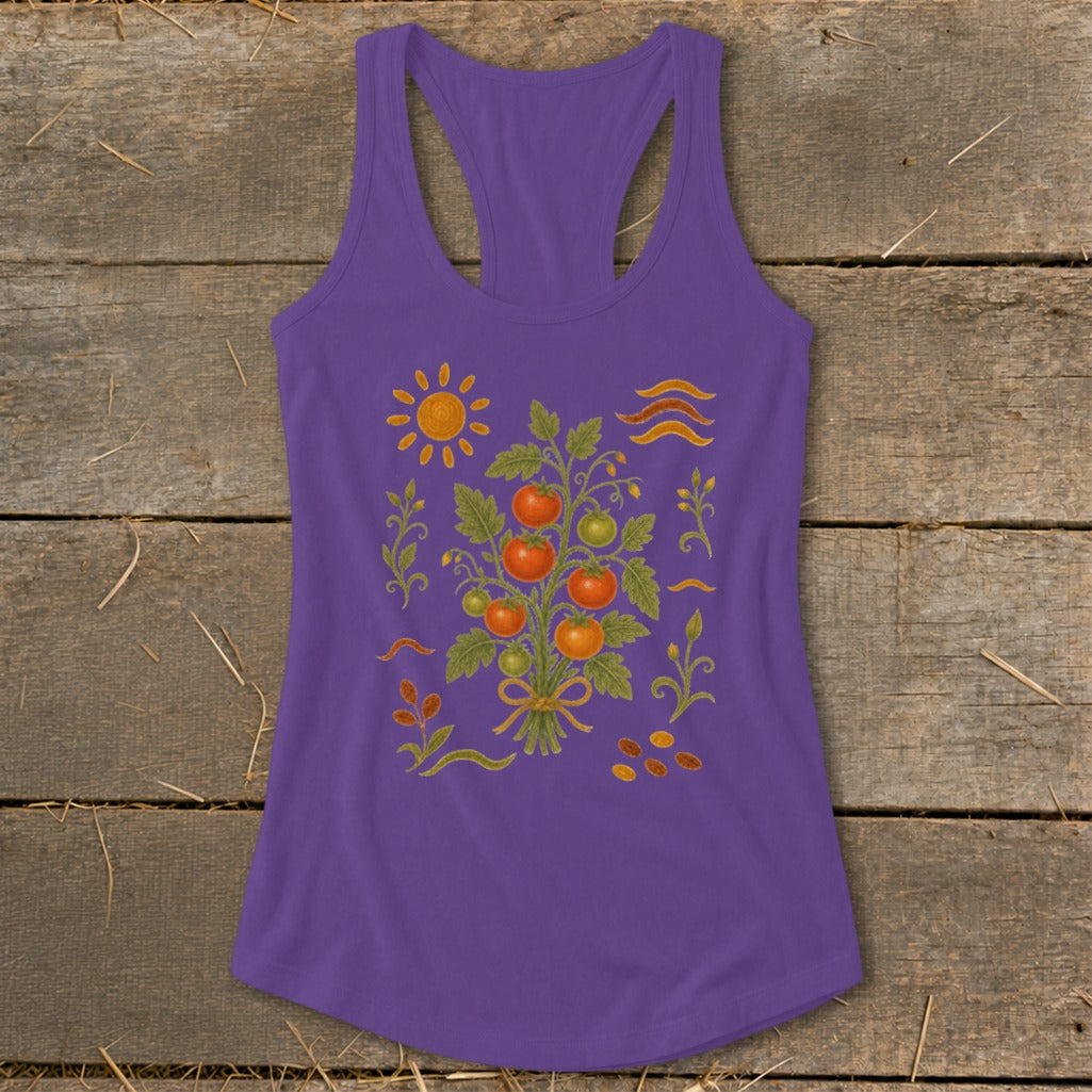 Purple tank top with a botanical tomato plant illustration and sun motif.