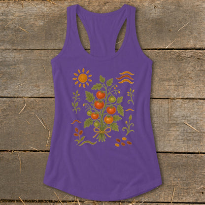 Purple tank top with a botanical tomato plant illustration and sun motif.