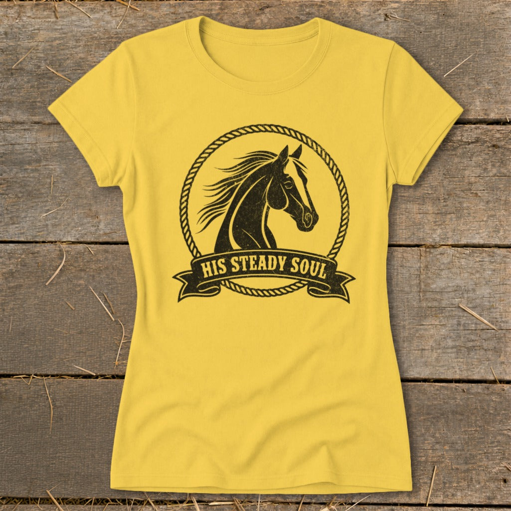 Yellow t-shirt with a black horse head inside a rope circle and "HIS STEADY SOUL" text.