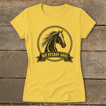 Yellow t-shirt with a black horse head inside a rope circle and "HIS STEADY SOUL" text.