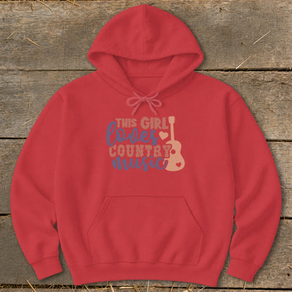 Red hoodie with "This Girl Loves Country Music" graphic and guitar silhouette.